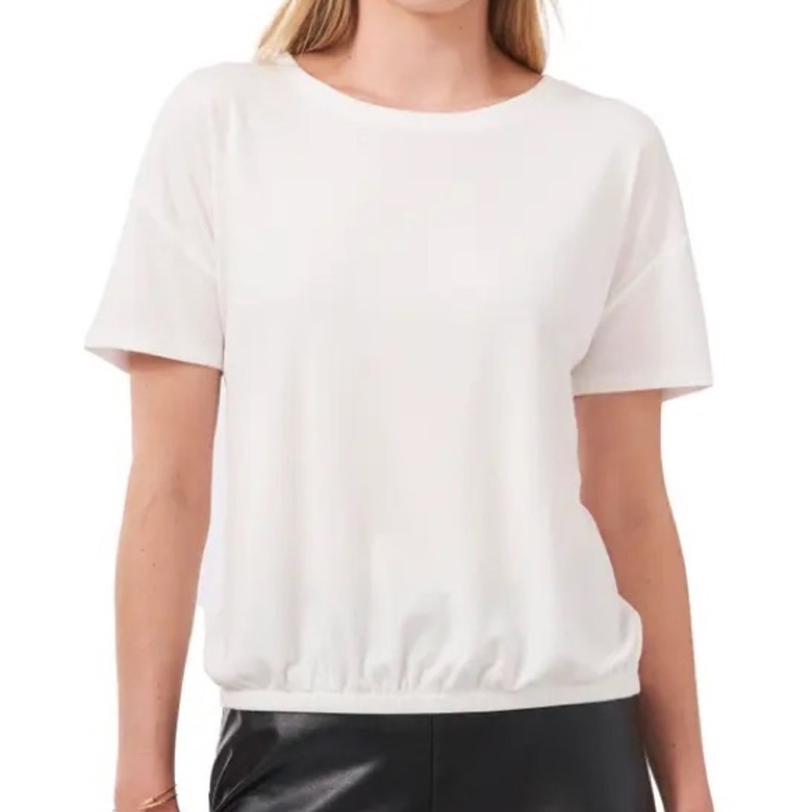 Vince Camuto White Ribbed Tee Shirt W/ Elastic Hem, Short Sleeve